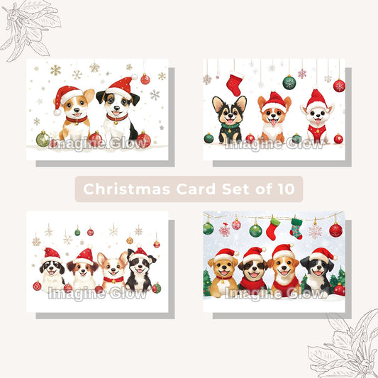 Set of 4 printable dog Christmas cards with festive designs.