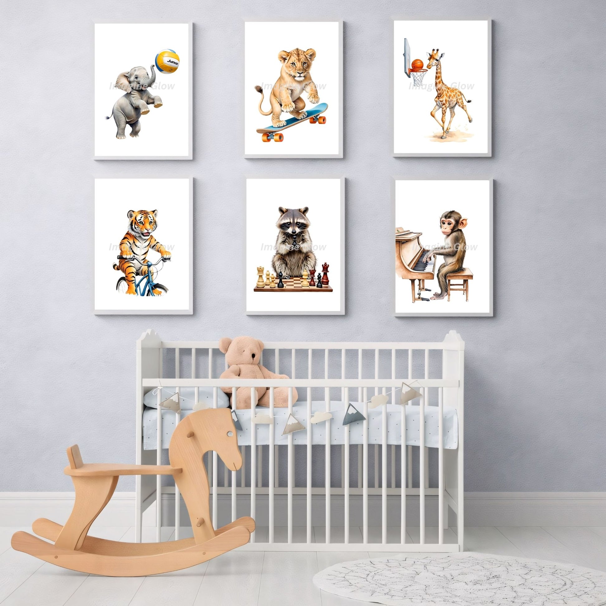 Set of 6 baby animal hobby printable art pieces for nursery wall decor.
