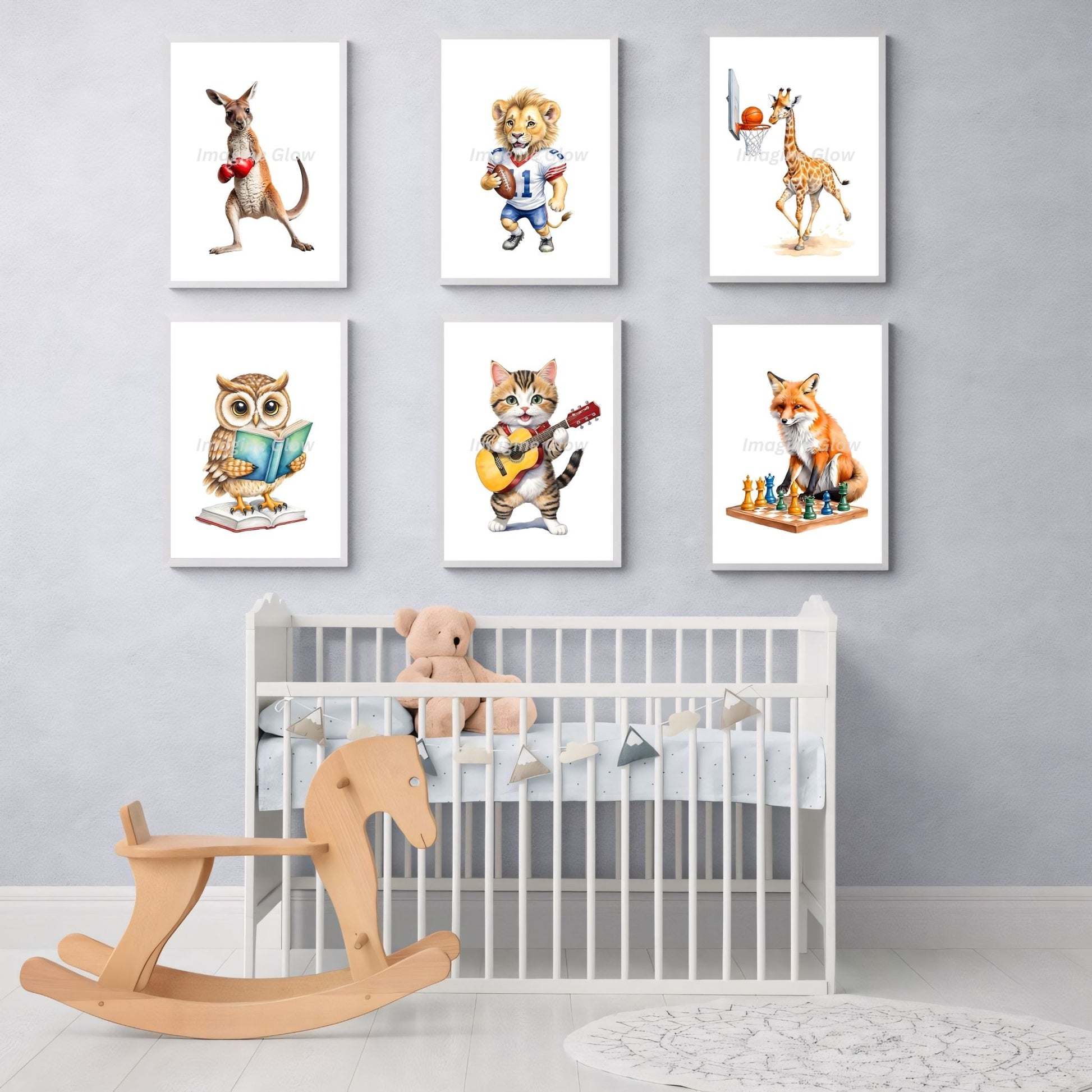 Set of 6 printable baby animal wall art designs for nursery decor.