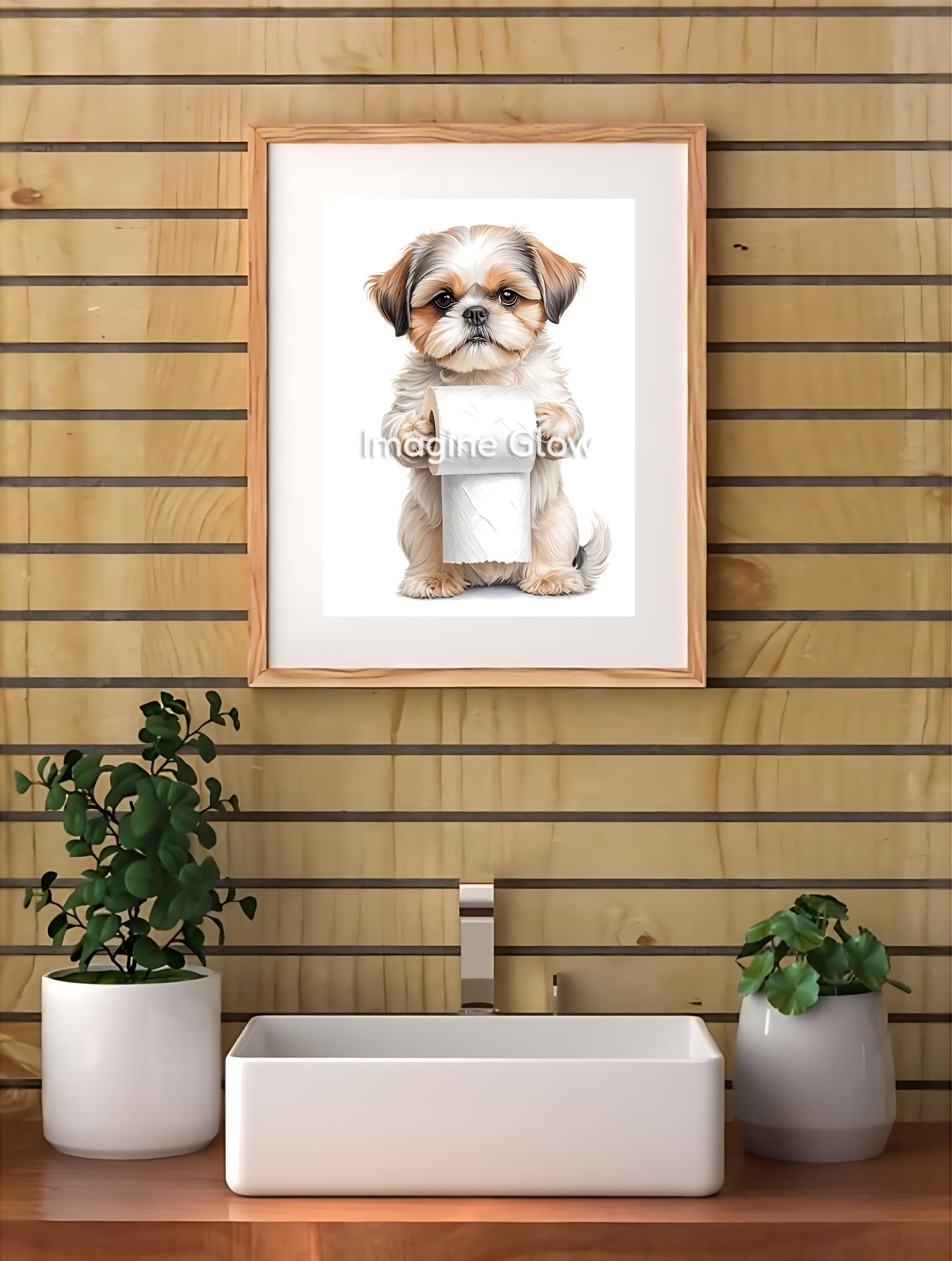 Funny Shih Tzu dog in toilet printable wall decor.