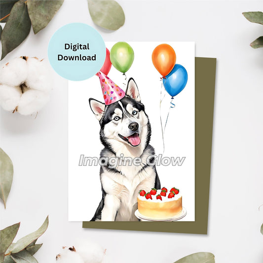 Siberian Husky dog illustration on a birthday card.
