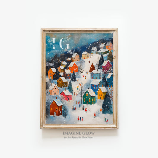 Snowy Christmas Village Art Print for winter wall decor and festive ambiance.