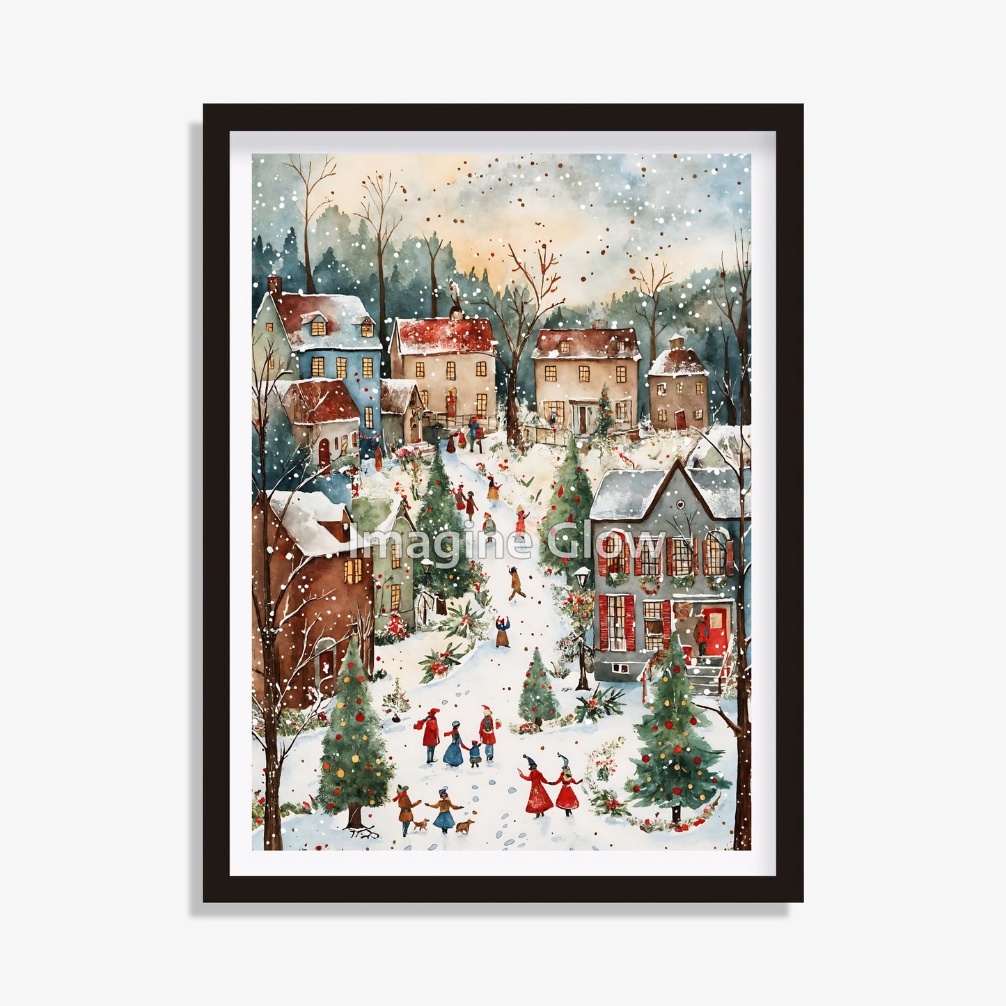 Snowy Christmas village art print for creating a cozy winter holiday atmosphere.
