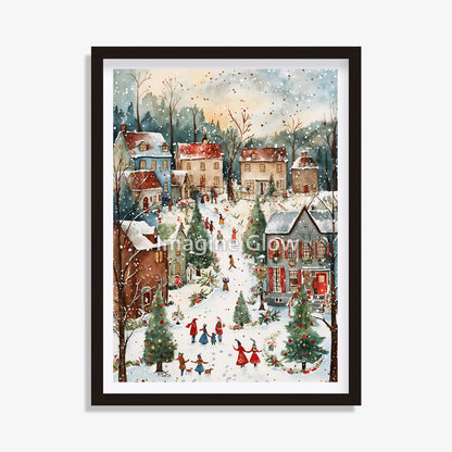 Snowy Christmas village art print for creating a cozy winter holiday atmosphere.