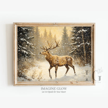Snowy forest scene with reindeer for cozy holiday home décor