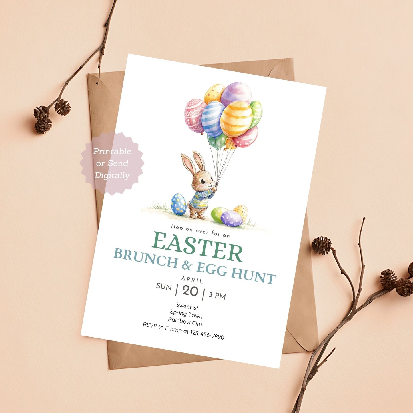 Adorable bunny-themed Easter party invitation, perfect for kids.
