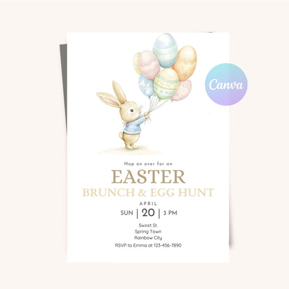 Printable Easter egg hunt invitation with a bunny and spring colors.
