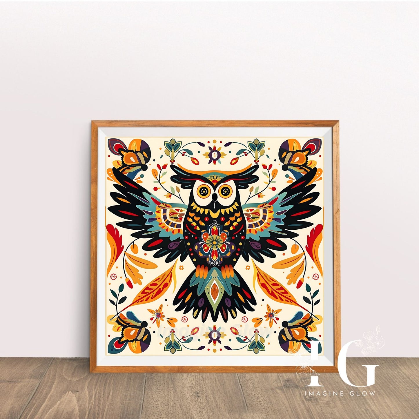 Colorful owl artwork featuring a dynamic abstract design