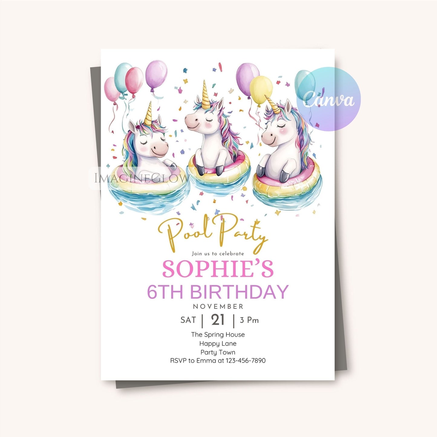 Cute unicorn splash party invitation
Fantasy pool party invite with unicorn design
