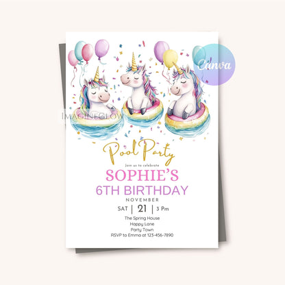 Cute unicorn splash party invitation
Fantasy pool party invite with unicorn design
