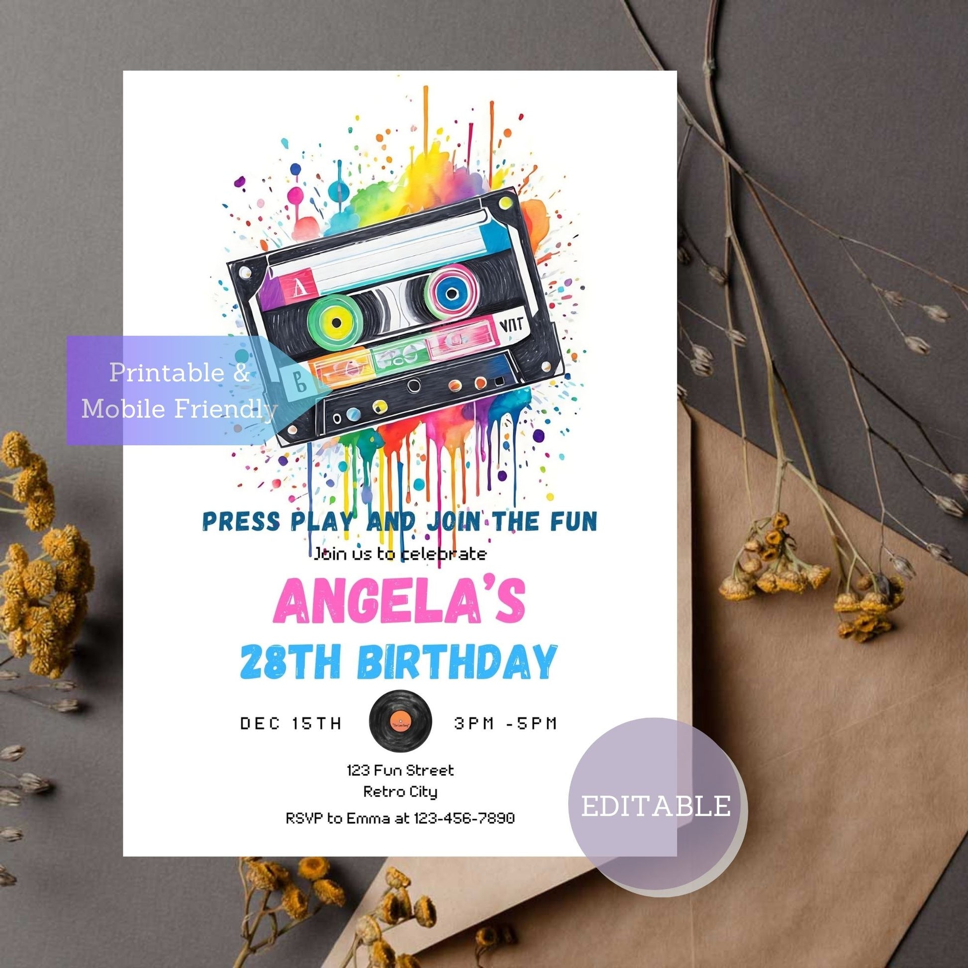 Retro cassette tape party invitation with a colorful vintage design, ideal for music-themed celebrations and birthdays.