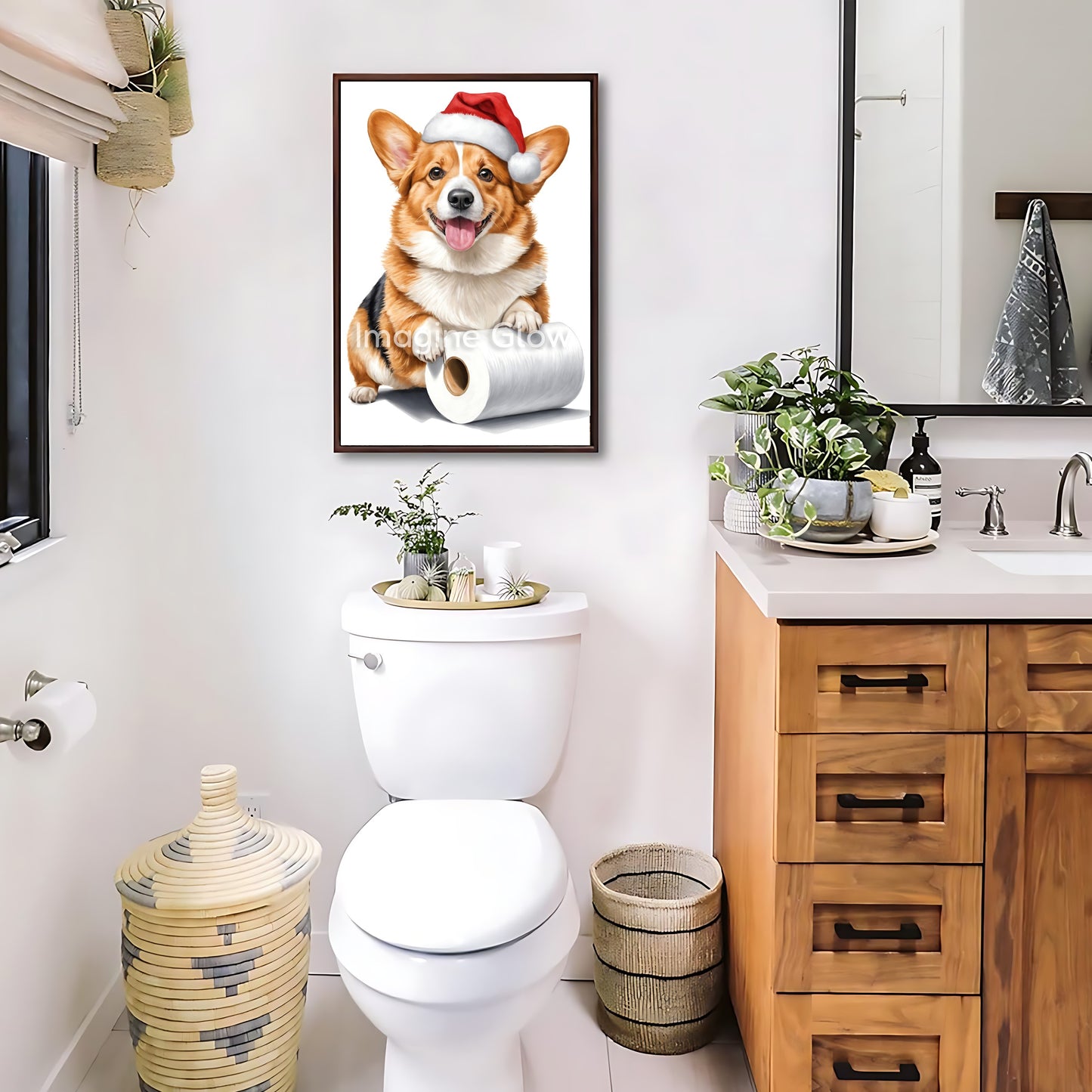 Holiday-themed printable art featuring a Welsh Corgi dog in a toilet for bathroom.