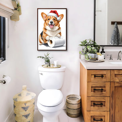 Holiday-themed printable art featuring a Welsh Corgi dog in a toilet for bathroom.