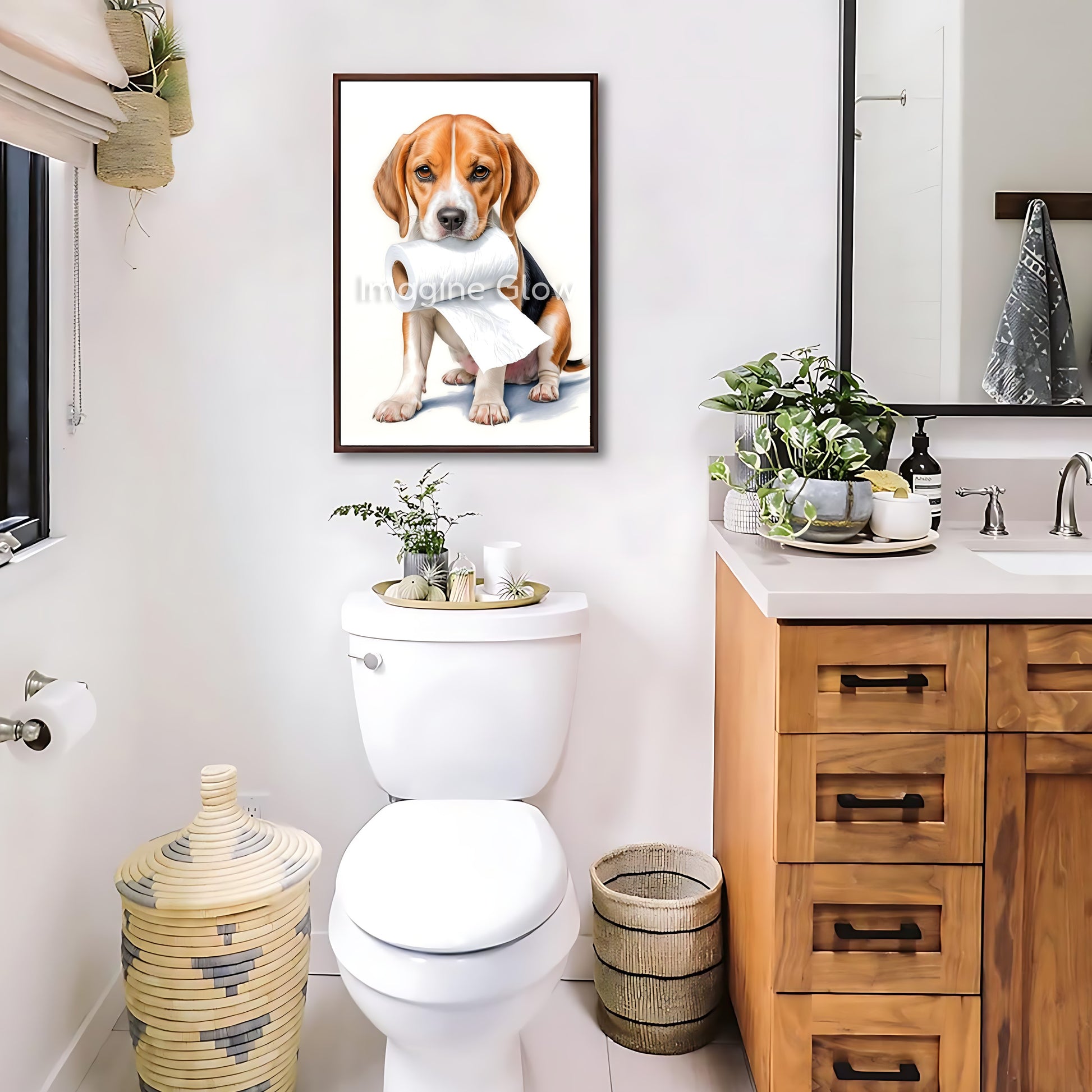 Humorous Beagle dog in toilet design for bathroom wall decor.