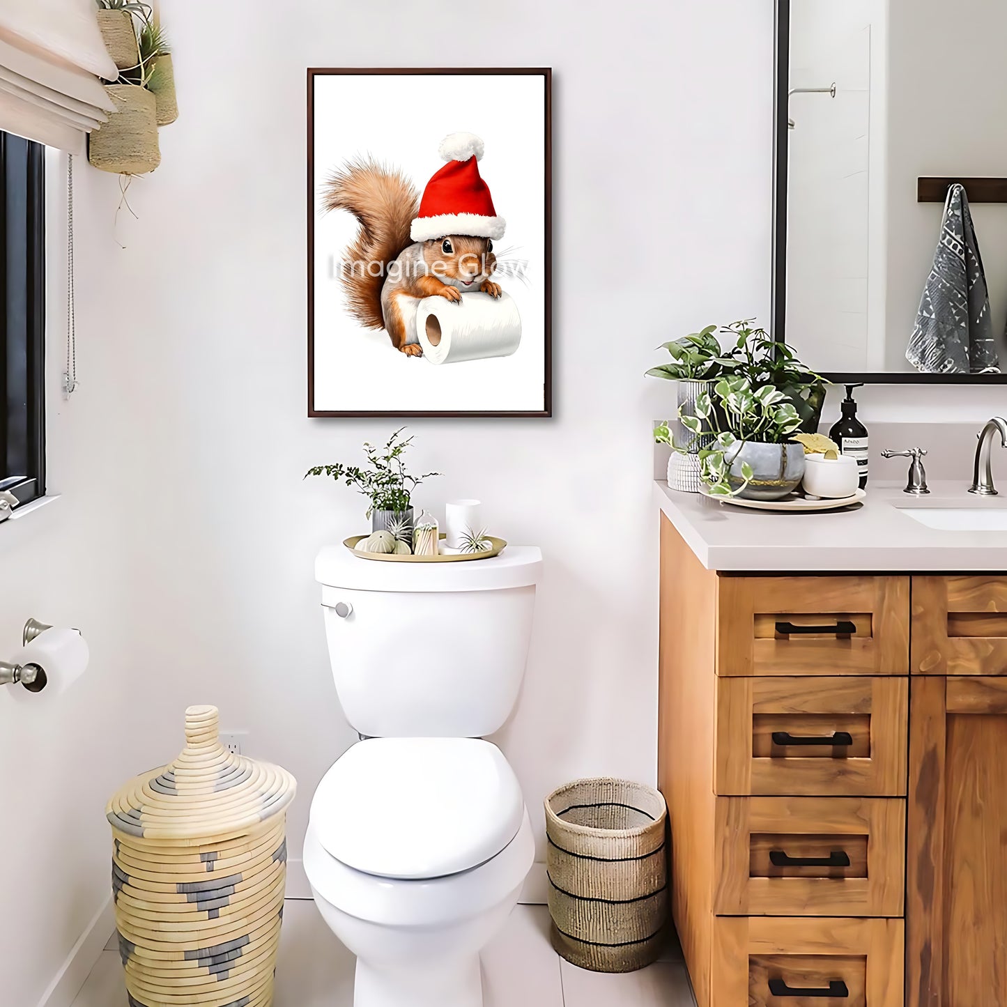 Humorous Christmas bathroom wall art showcasing a playful squirrel in a quirky toilet