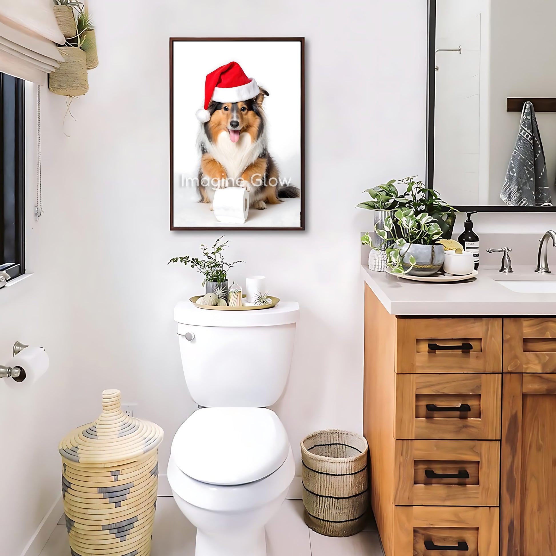 Festive holiday decor featuring a Collie Dog sitting in a toilet, available as printable art.