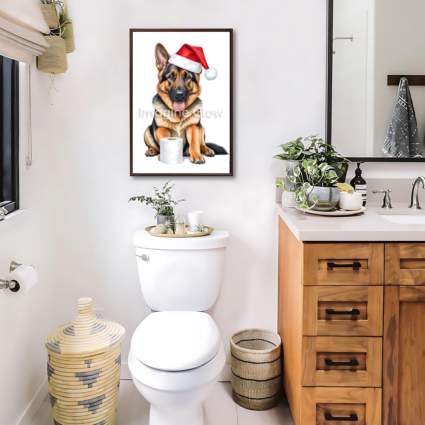 Festive holiday decor featuring a German Shepherd in a toilet, available as printable art.