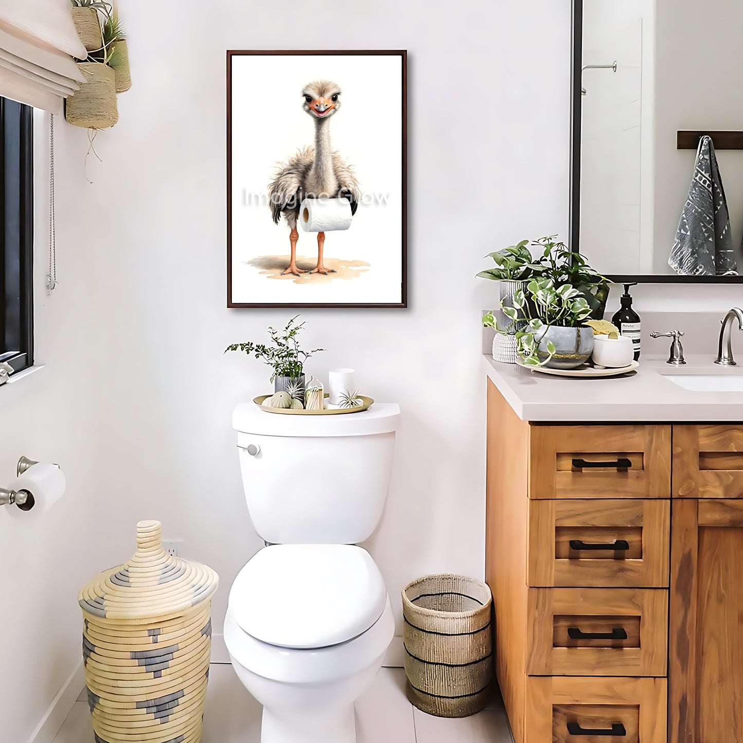 Humorous bathroom wall art featuring an ostrich in a playful toilet scene