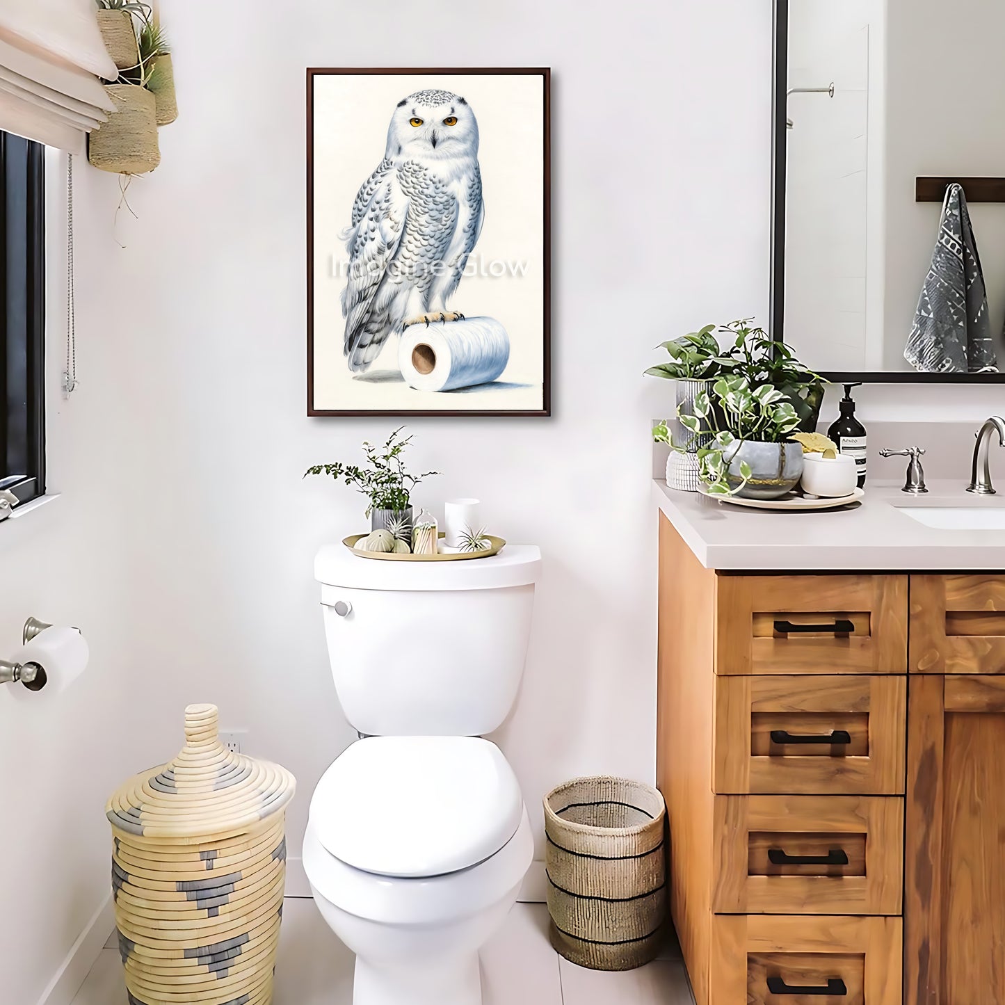 Humorous bathroom wall art featuring a snowy owl in a quirky toilet scene