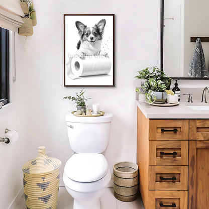 Printable wall art of a Papillon dog in toilet for fun bathroom decor