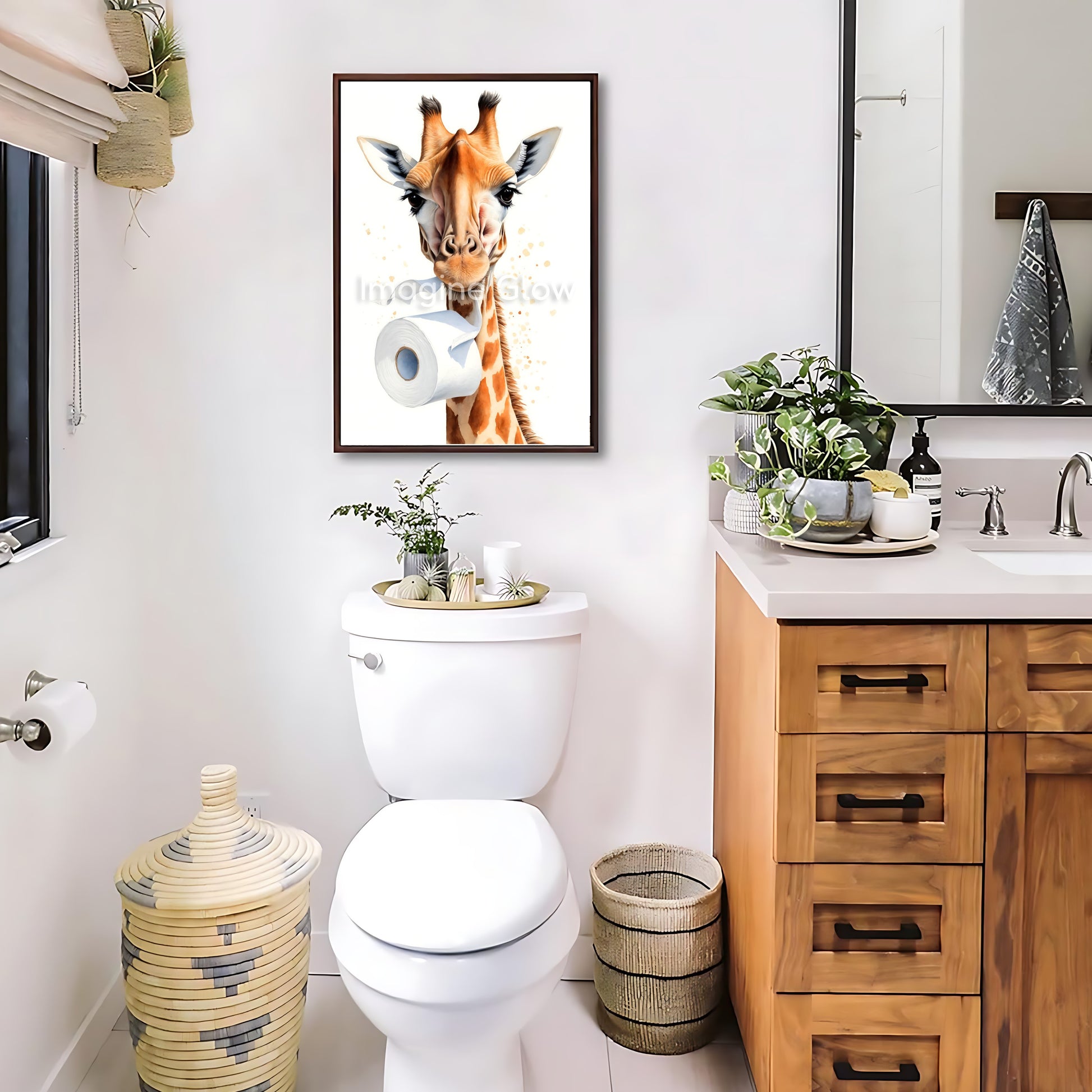 Humorous bathroom wall art featuring a giraffe in a quirky toilet scene