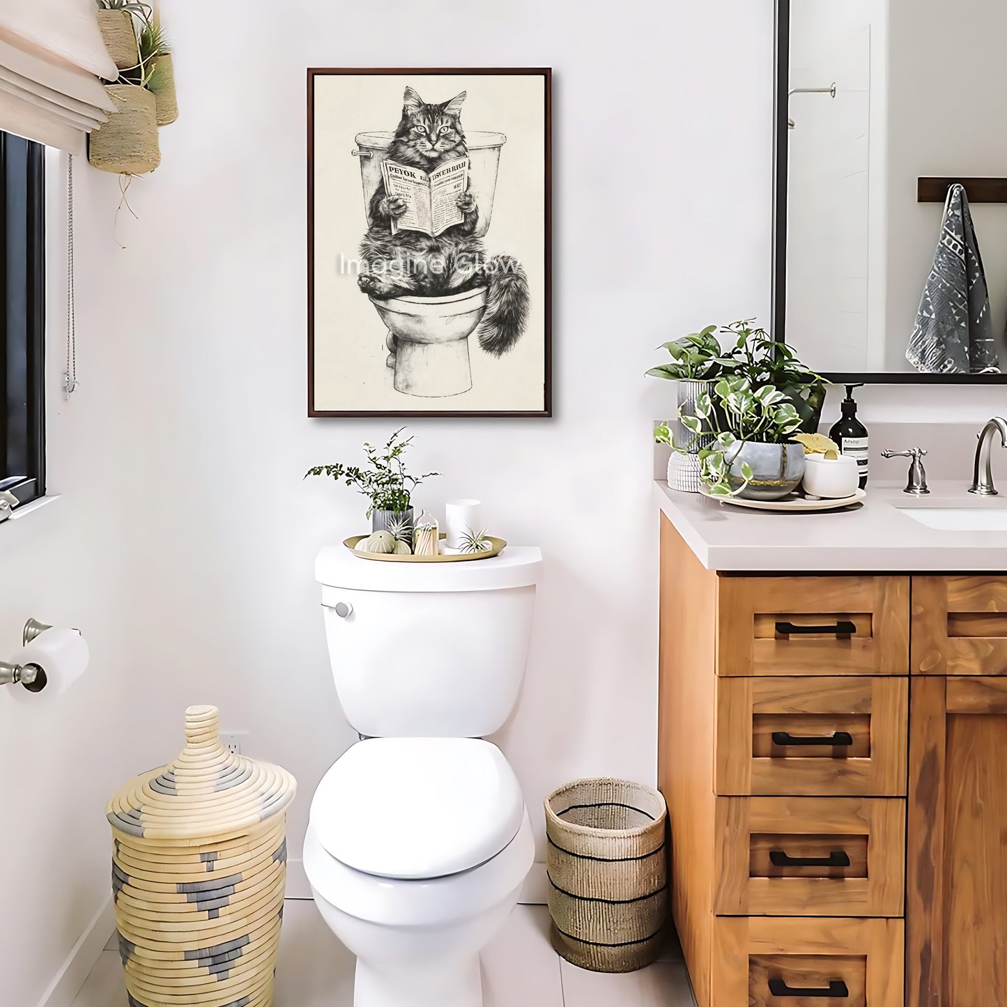 Printable Cat Reading Newspaper in Toilet artwork with a humorous design.