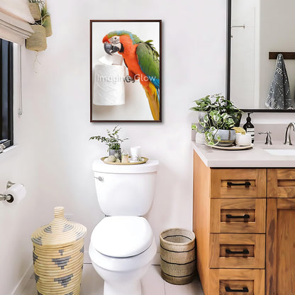 Humorous bathroom wall art showcasing a playful parrot in a quirky toilet scene