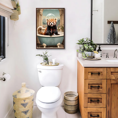 Adorable bathroom wall decor showcasing a red panda in a tub