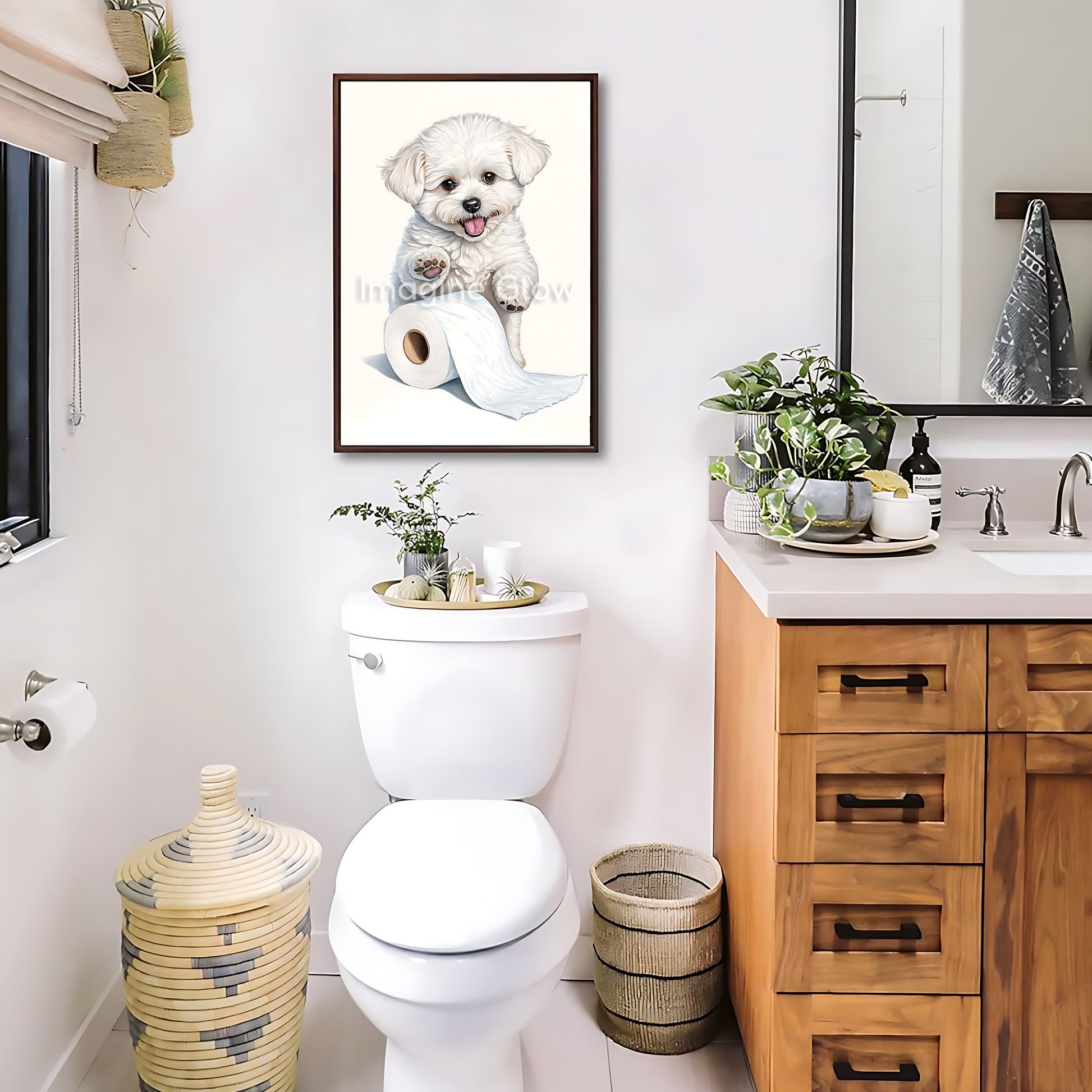 Humorous Bichon Frise dog in the toilet design for quirky bathroom decor.