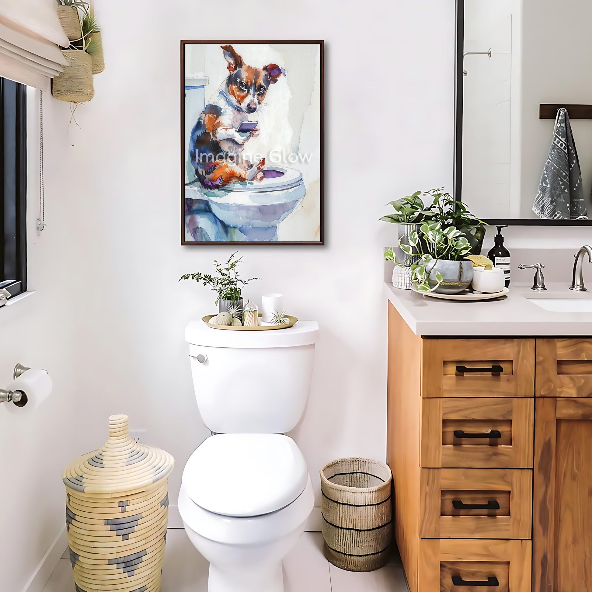 umorous bathroom wall art showcasing a playful dog in a quirky toilet scene