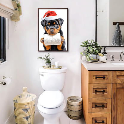 Festive holiday decor featuring a Rottweiler dog in a toilet, available as printable art.