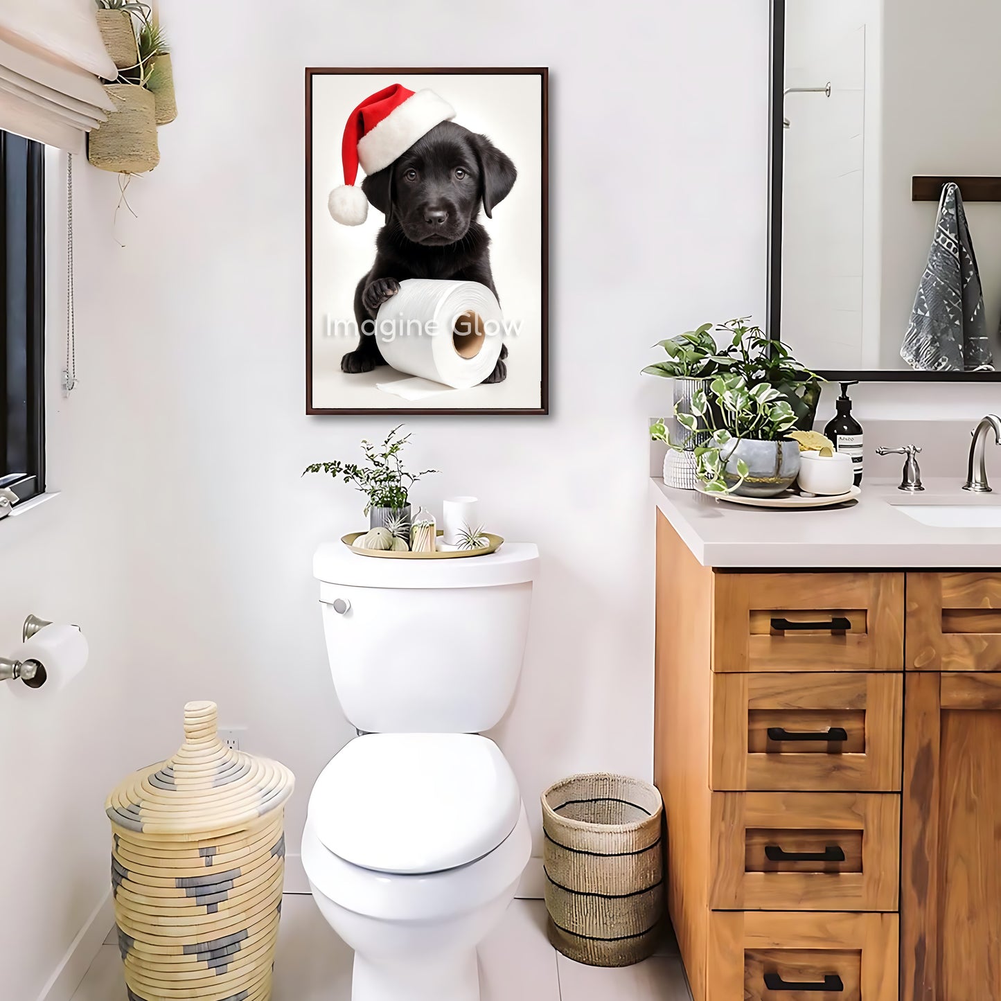 Playful holiday decor featuring a Retriever puppy in a toilet, available as printable art.