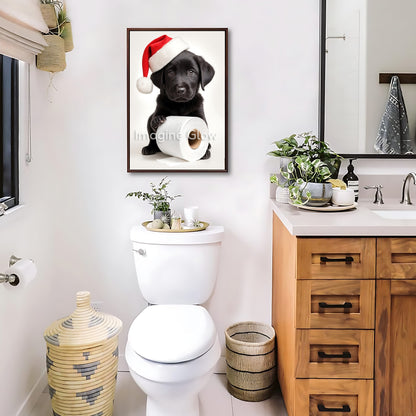 Playful holiday decor featuring a Retriever puppy in a toilet, available as printable art.