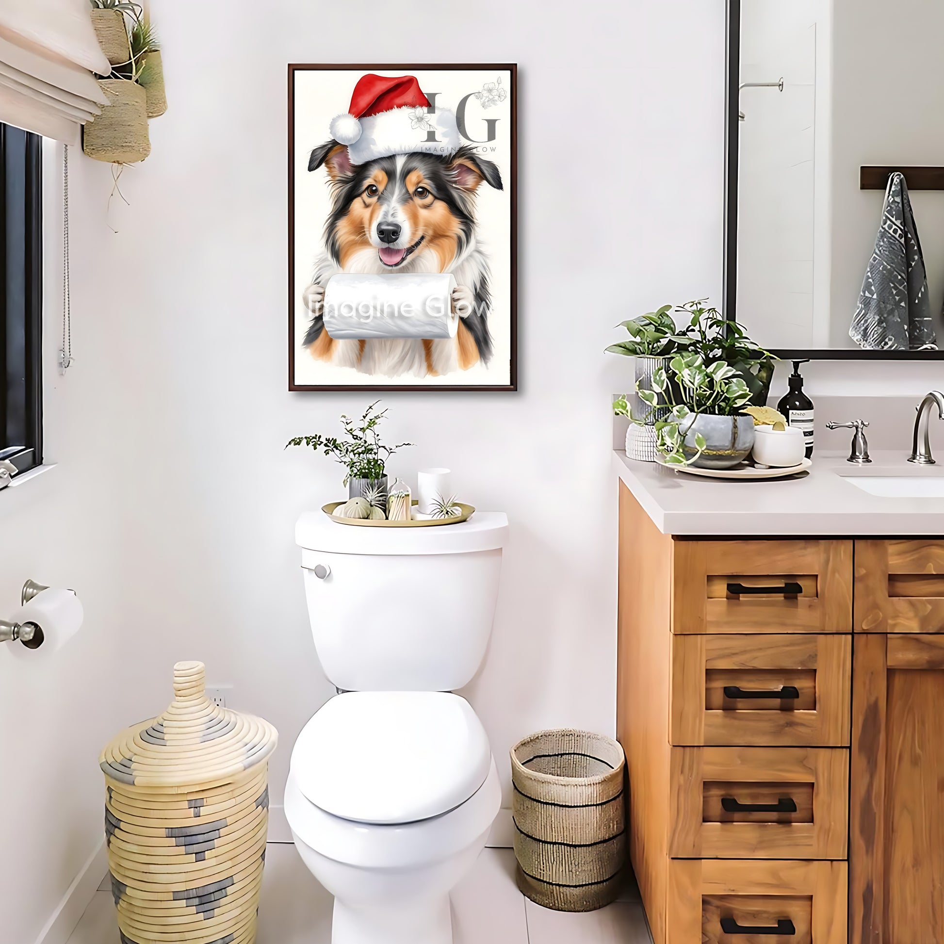 Playful holiday decor featuring a Collie Sheltie Dog in a toilet, available as printable art.