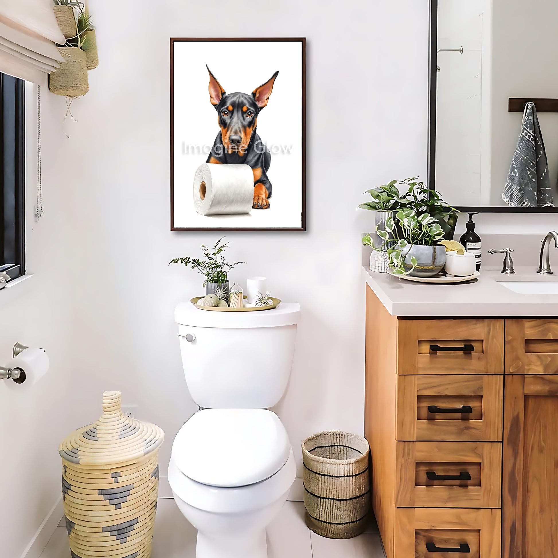 Funny bathroom wall art showcasing a playful dog in a toilet