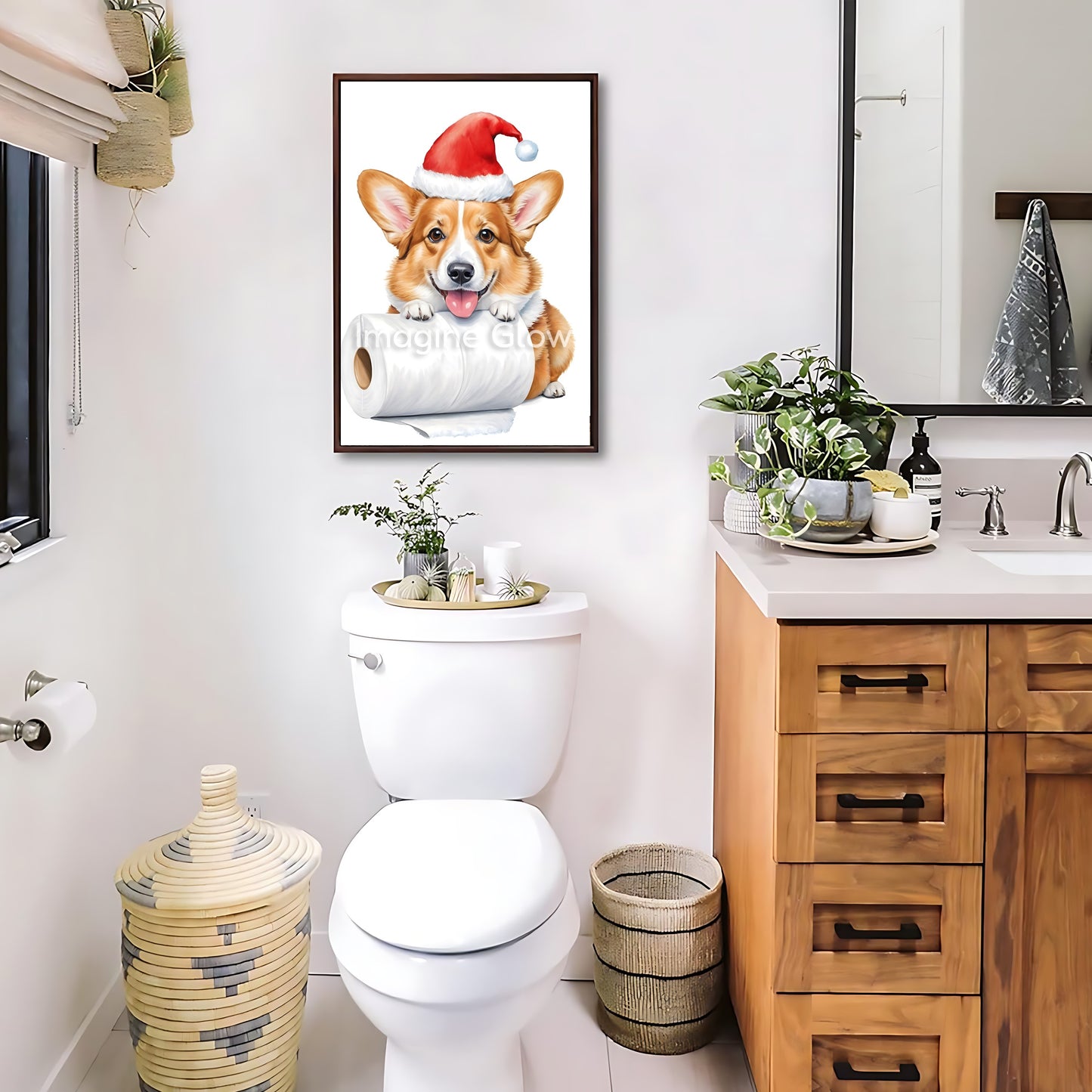 Festive holiday decor featuring a Welsh Corgi dog in a toilet, available as printable art.