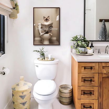 Amusing wall art of a cat enjoying a newspaper in the bathroom