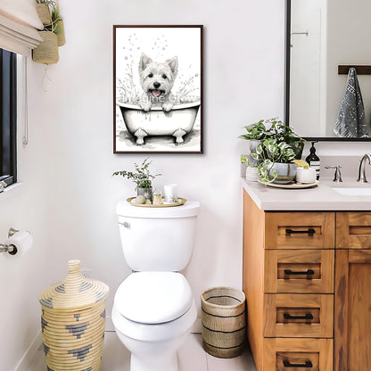 Humorous bathroom wall art showcasing a playful terrier enjoying a bubbly bath