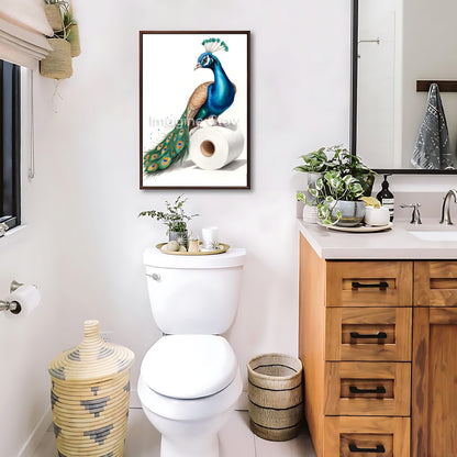 Printable wall art of a peacock in toilet for playful bathroom decor