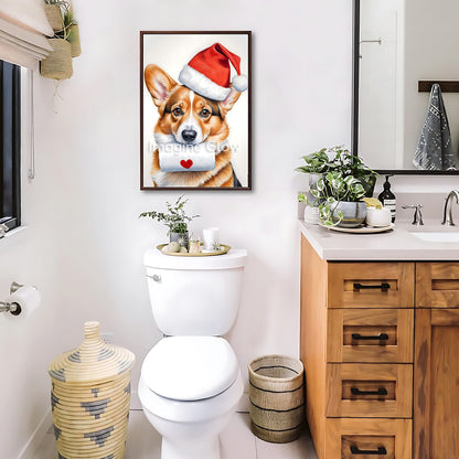 Playful holiday decor featuring a Welsh Corgi dog in a toilet, available as printable art.