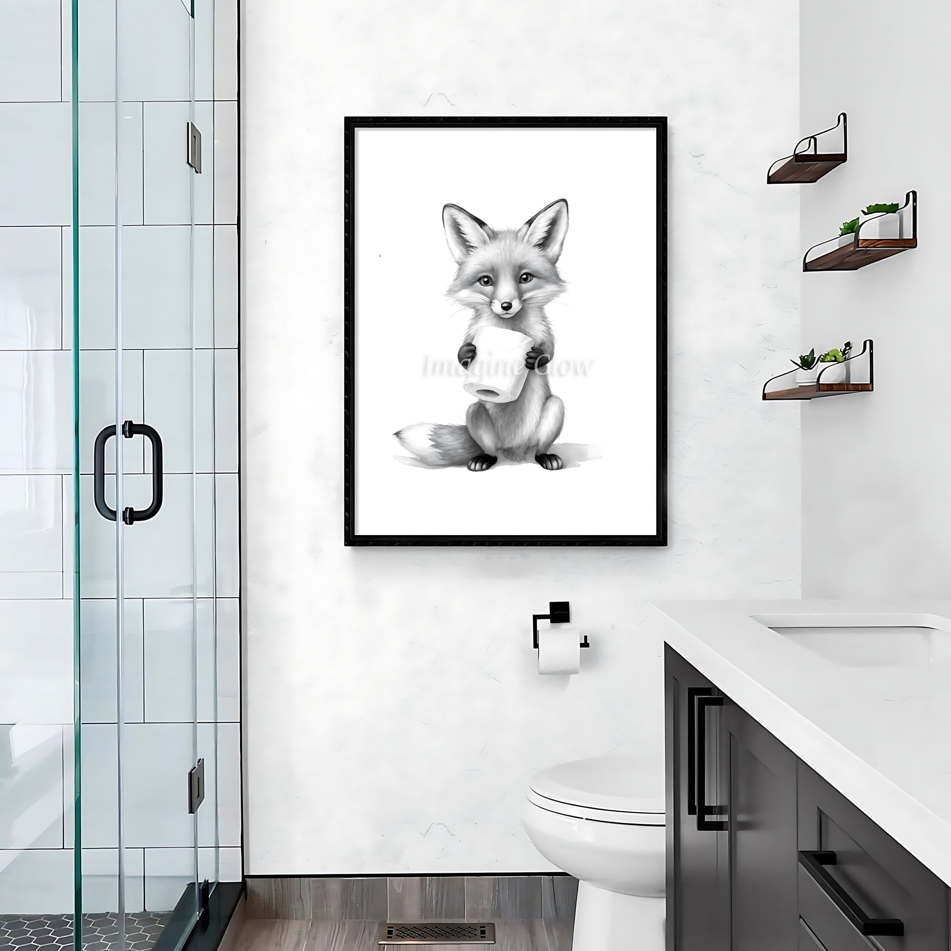 Humorous bathroom wall art featuring a fox in a quirky toilet scene