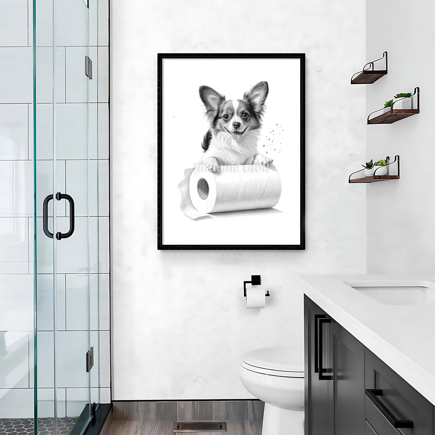 Humorous bathroom wall art featuring a Papillon dog in a quirky toilet scene