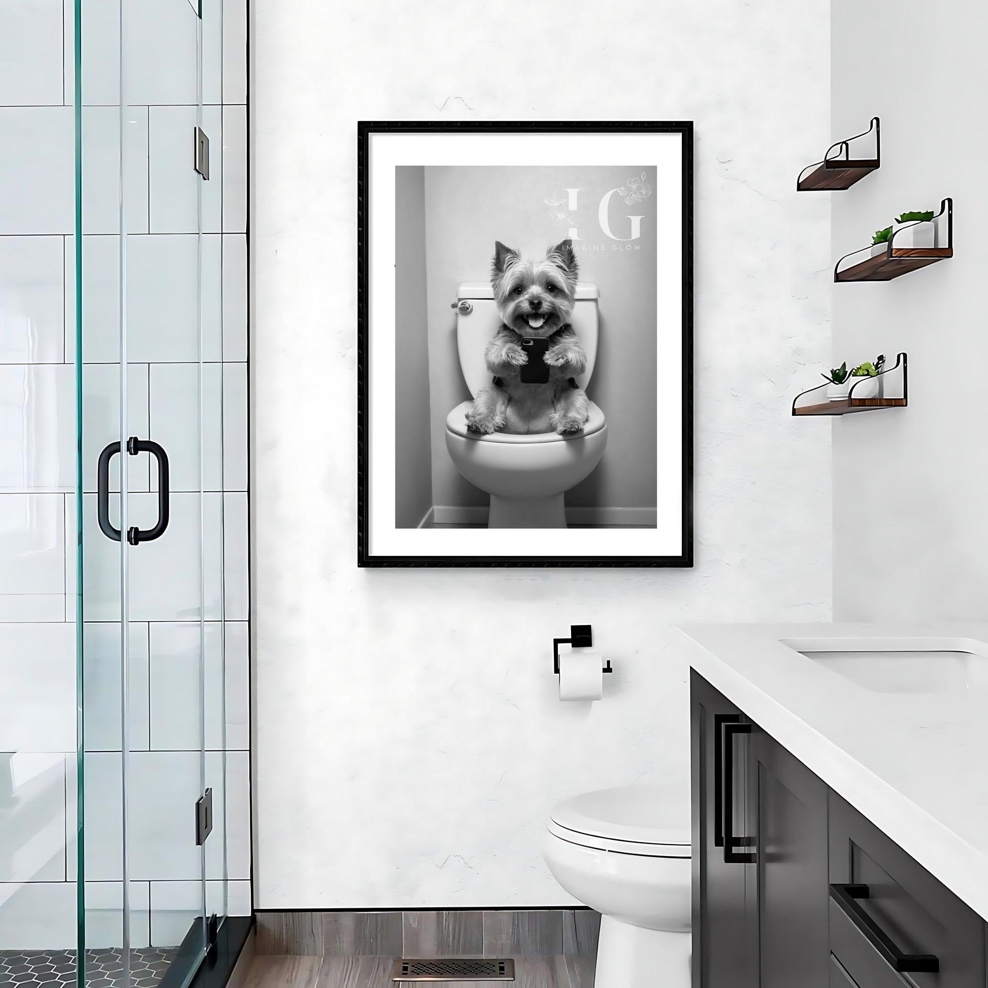 Humorous bathroom wall art showcasing a playful Yorkshire Terrier in a quirky toilet