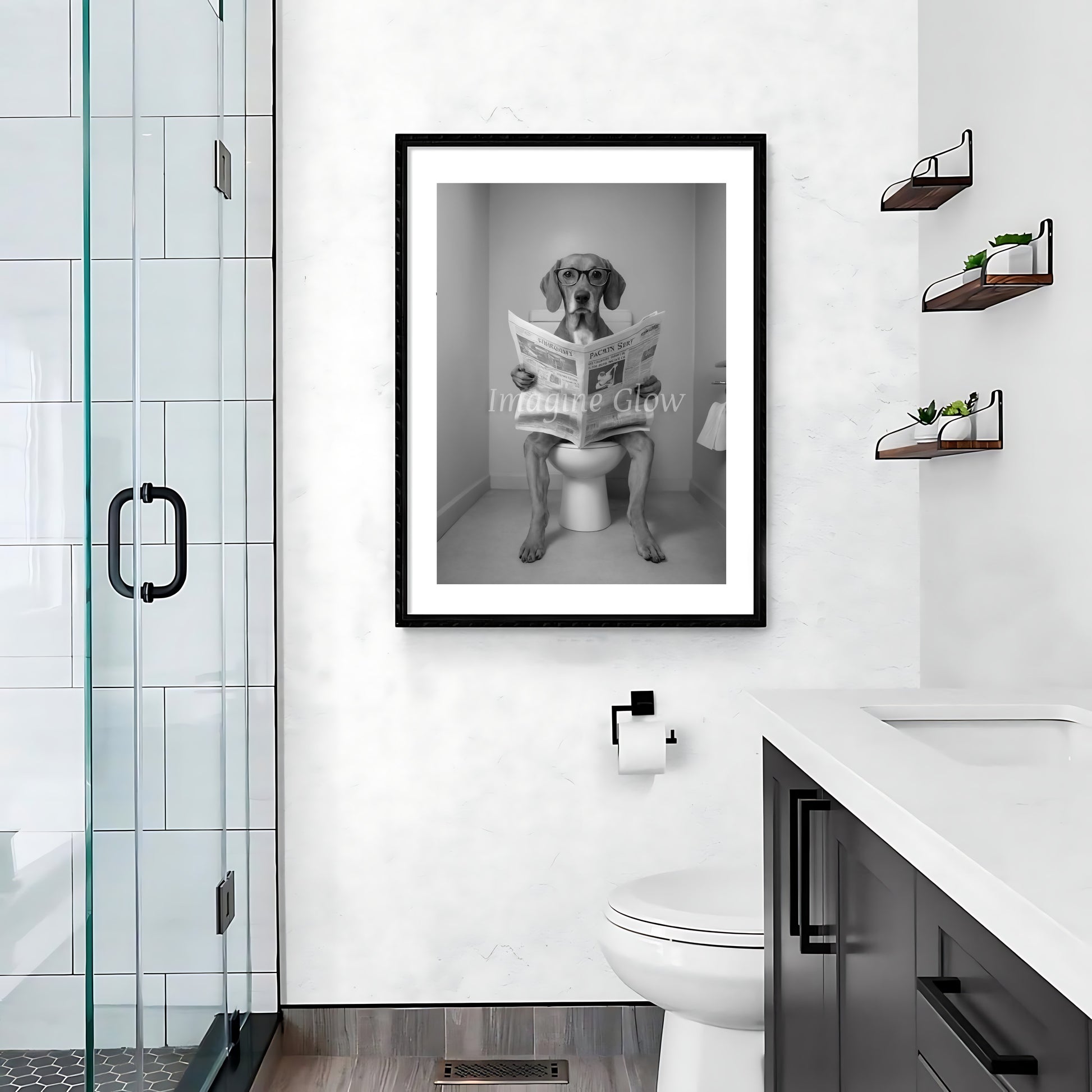 Funny bathroom wall decor showcasing a dog on the toilet with a newspaper