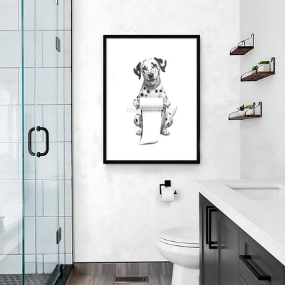 Hilarious bathroom wall decor showcasing a playful dog in a toilet