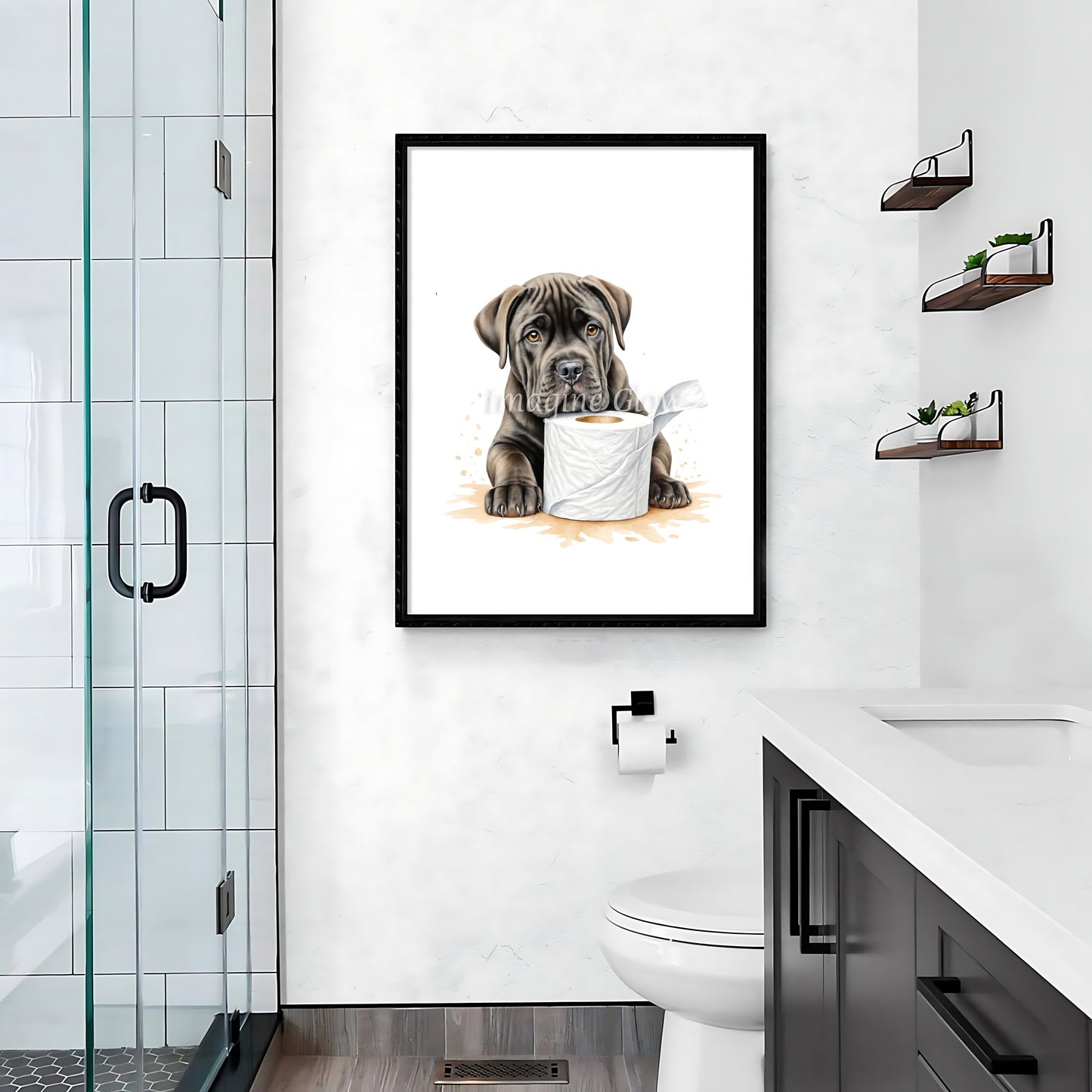 Funny Cane Corso illustration in a toilet, ideal for quirky bathroom decoration.