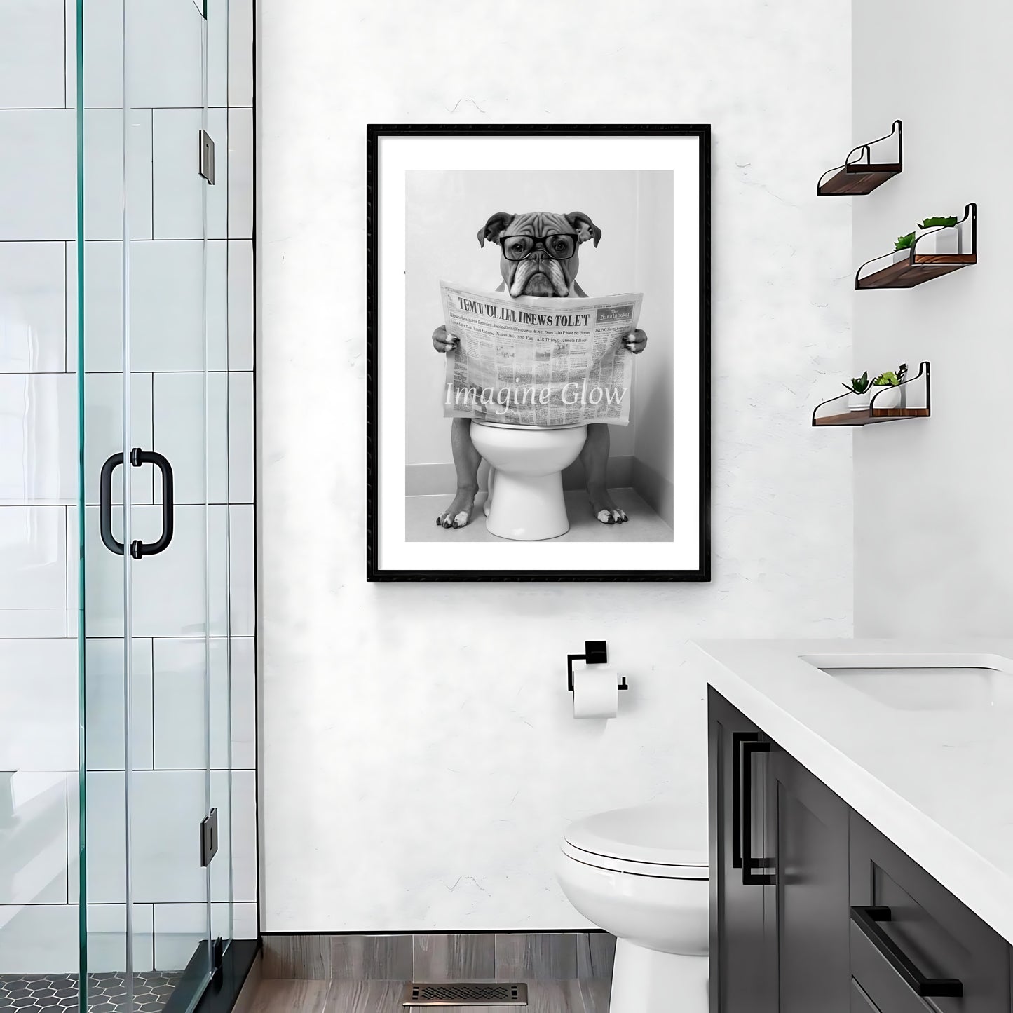 Bulldog in toilet art print, ideal for a playful bathroom decoration.