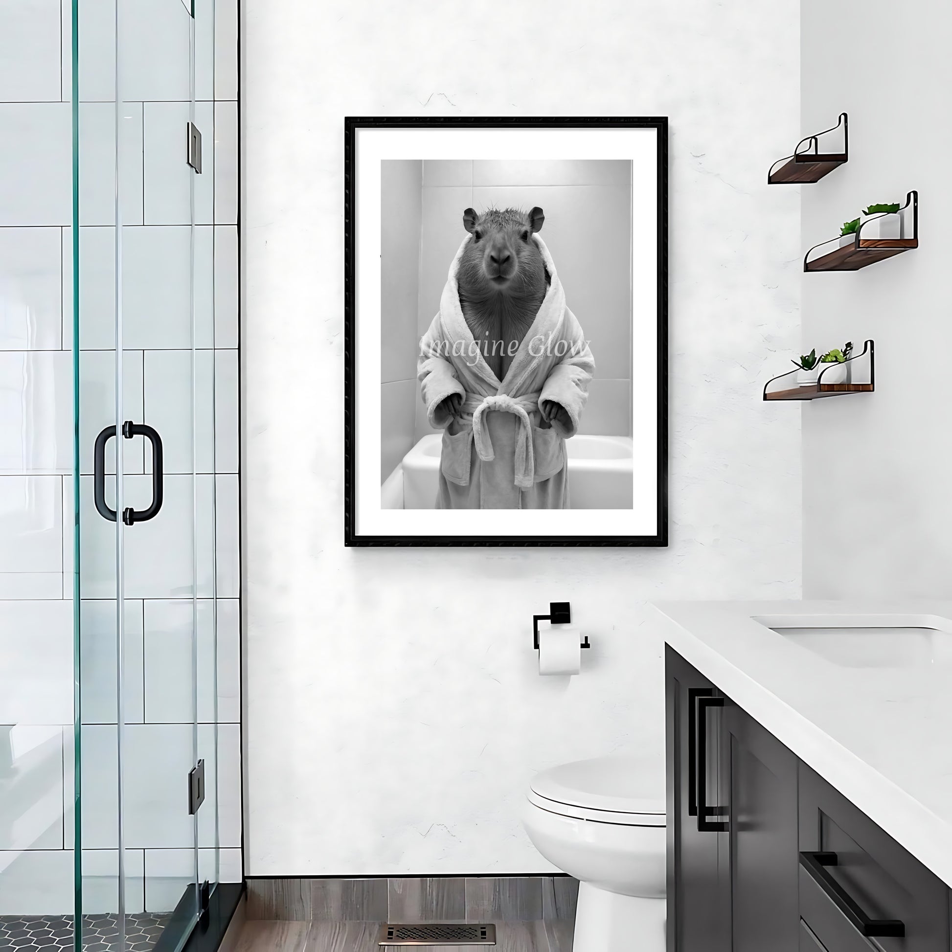 Charming Capybaras wearing bathrobes, ideal for adding a quirky touch to your bathroom.