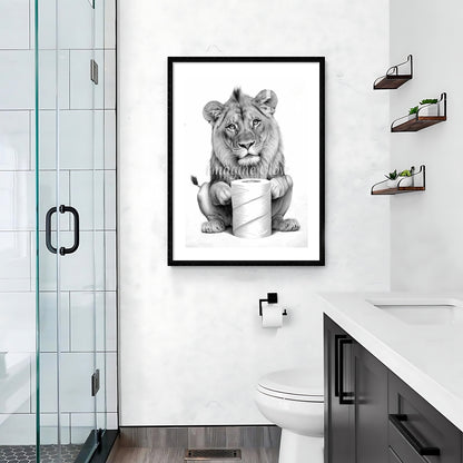 Humorous bathroom wall art showcasing a majestic lion in a quirky toilet scene