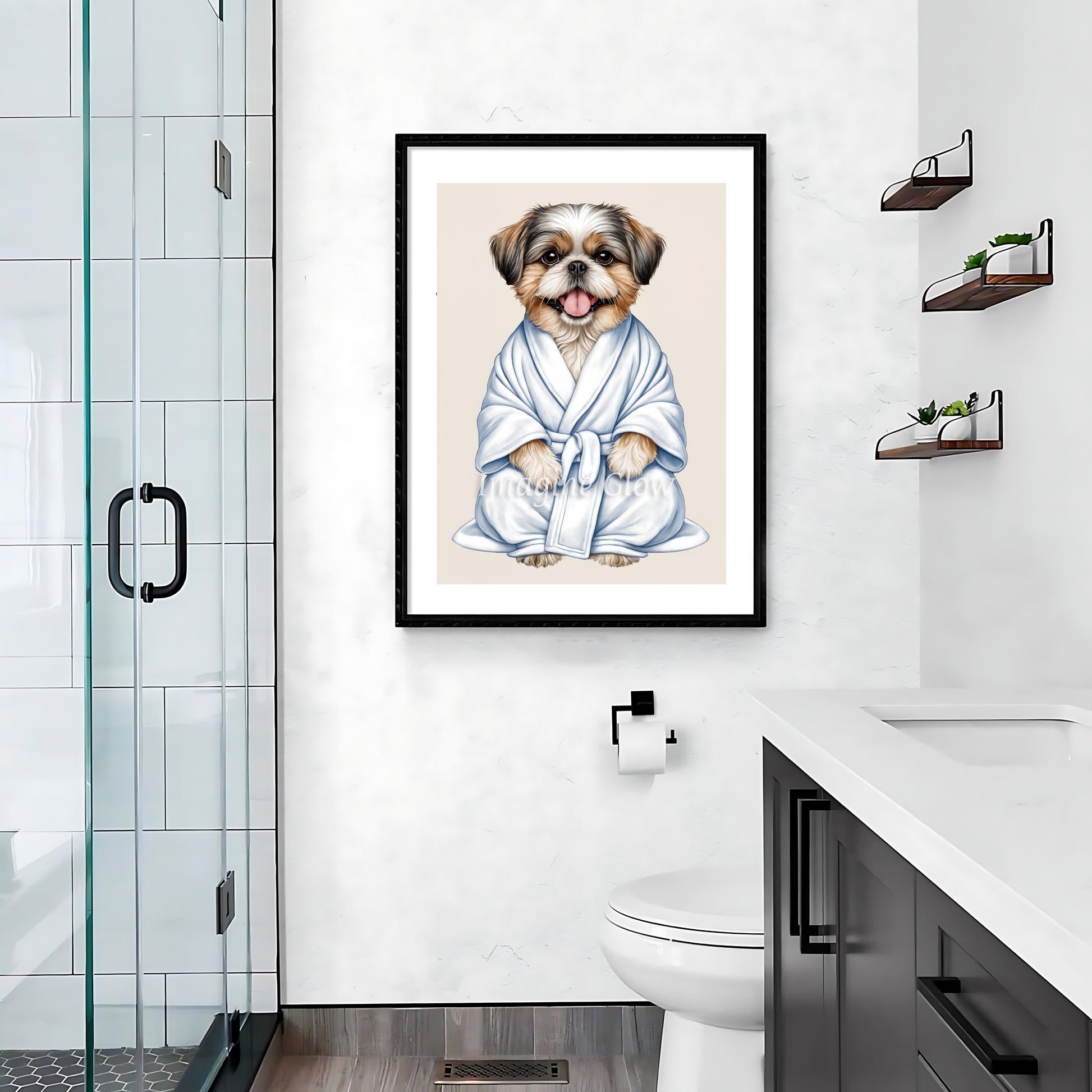 Humorous bathroom wall art showcasing a fluffy Shih Tzu relaxing in a bathrobe